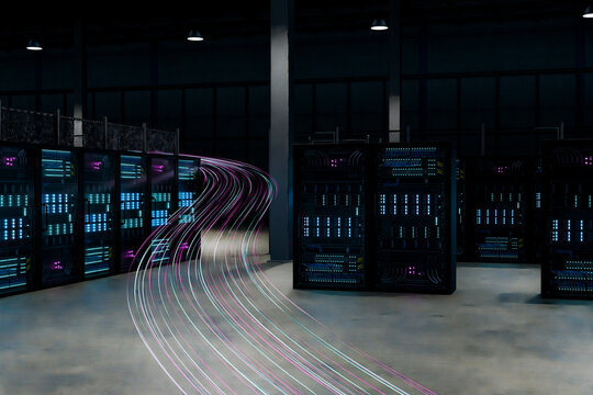 3D neon data stream curving through dark server room with network racks