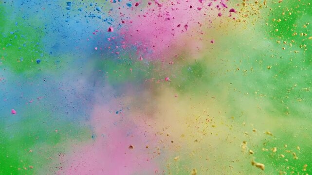 Vibrant multi-color powder explosion on green screen, holi festival paint burst, slow motion particle cloud for creative visual effects