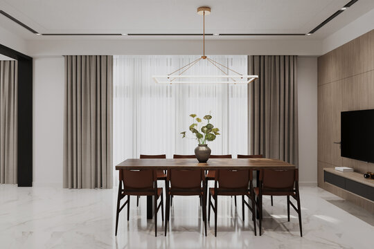 Modern Minimalist Dining Room with Elegant Lighting and Wooden Table