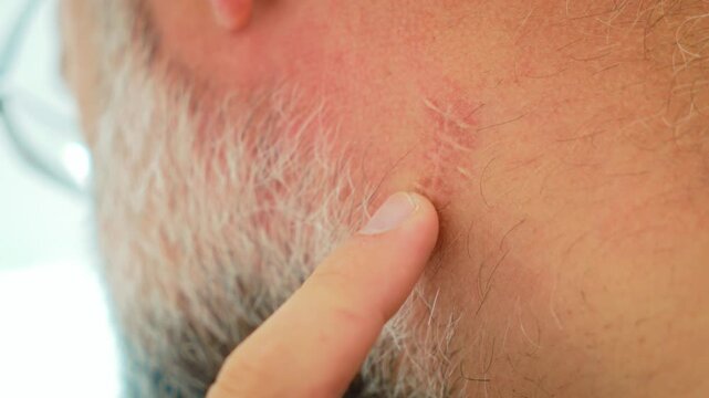 Healed surgery scar on neck of older man with graying facial hair. Patient touching incision site behind ear during postoperative recovery. Close up skin detail for surgical healing and healthcare