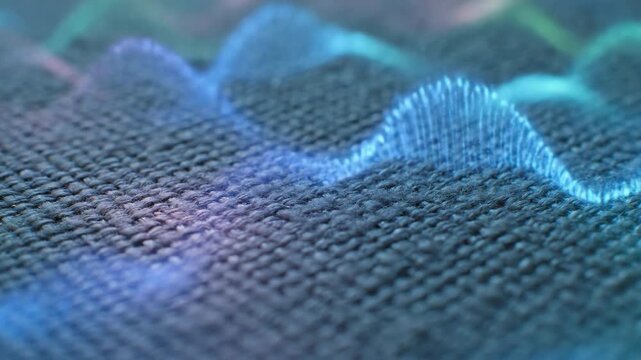 Abstract glowing blue sound waves or data visualization on a textured fabric.