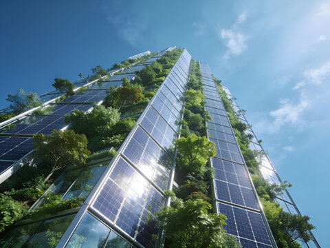Low Angle View of Modern Eco Friendly Skyscraper with Vertical Forest and Solar Panels