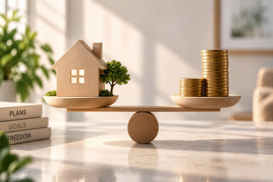 Wooden house and stacks of coins balanced on a scale. The concept represents cost of living, housing expenses and financial planning