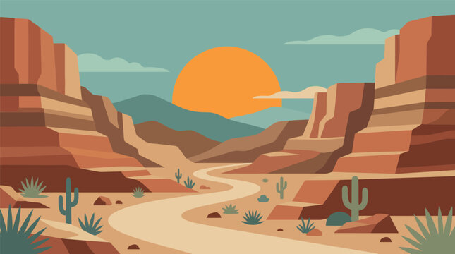 Scenic desert canyon landscape with winding road and sunset vector