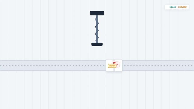 Minimalist 2.5D animation showing a mechanical quality stamp machine inspecting four white product boxes on a conveyor belt. 