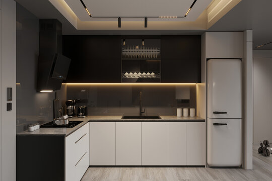 Sleek Modern Kitchen Interior with Minimalist Design and Ambient Lighting