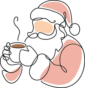 Santa Claus holding a steaming hot coffee cup continuous line art vector illustration for Christmas winter holiday greeting card design