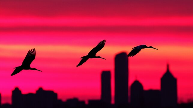 Three birds silhouetted against a vibrant sunset over a city skyline.