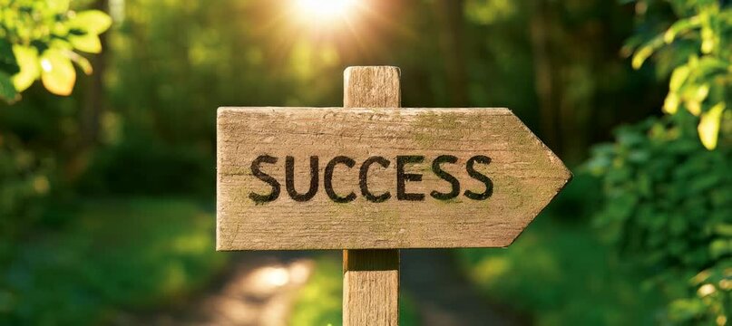 Success word wooden sign at forest with shiny sunlight effect. Generative video AI technology.