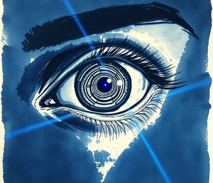 Surreal cybernetic human eye with mechanical iris and blue laser beams, futuristic sci-fi vision, watercolor ink art in dark blue tones
