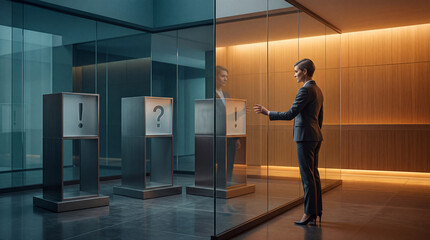 Fototapeta premium Businesswoman standing in a modern futuristic office environment interacting with abstract digital kiosks featuring question and exclamation marks representing financial decisions or ATM services