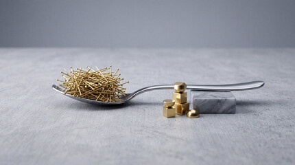Fototapeta premium Conceptual Still Life of Golden Pins on a Silver Spoon with Small Gold Blocks and Marble on Grey Textured Background, Symbolizing Wealth, Financial Investment, and Savings Growth