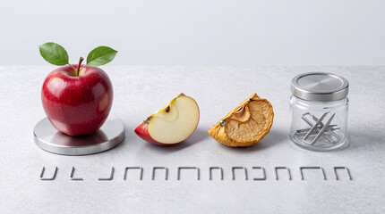 Fototapeta premium Conceptual Still Life Sequence of a Whole Red Apple, Fresh Slice, Dried Shriveled Piece, and Industrial Metal Staples in a Jar, Representing Aging, Decay, and Material Transformation.
