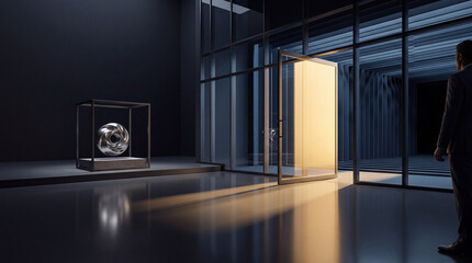 Fototapeta premium Businessman standing in a minimalist modern gallery looking towards an open door with bright golden light, featuring a futuristic metallic sculpture in a glass display case against a dark room