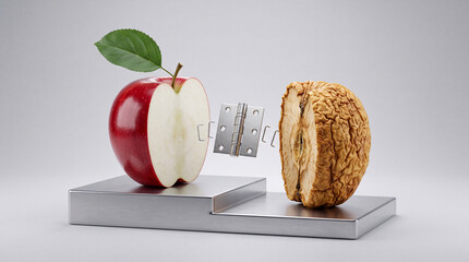 Fototapeta premium Conceptual Still Life of a Fresh Red Apple Half and a Dried Shriveled Apple Half Connected with a Metal Hinge on a Silver Base, Symbolizing Aging, Decay, Time and Metamorphosis.