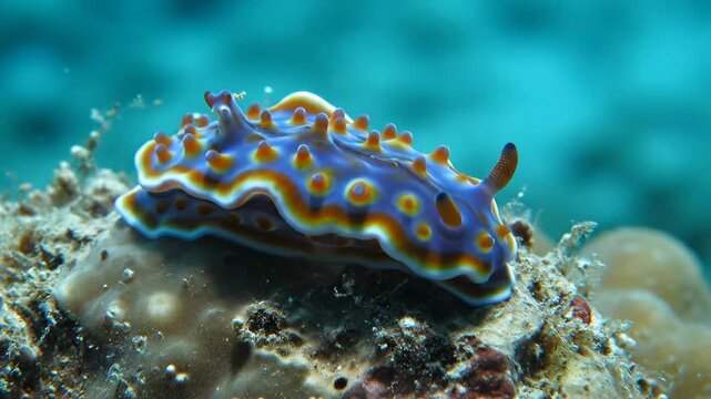 A colorful nudibranch sea slug crawls on coral reef with blue water background while underwater ocean life thrives