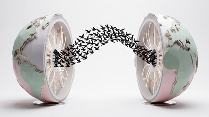 Fototapeta premium Conceptual 3D Illustration of a Split Globe with a Flock of Black Birds Flying Between Halves, Representing Global Communication, Data Transfer, Information Exchange, and Digital Connectivity