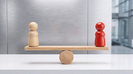 Fototapeta premium Balanced Life and Work Concept Featuring Two Wooden Humanoid Figures on a Wooden Seesaw Lever Against a Blurred Modern Office Interior Background Representing Equality, Justice, and Stability