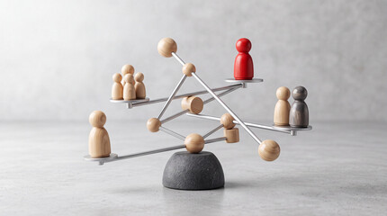 Fototapeta premium Conceptual Representation of Business Leadership and Team Balance Featuring Wooden Figures on a Complex Equilibrium Scale Structure against a Neutral Studio Background