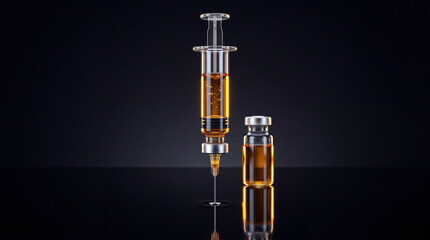 Fototapeta premium Close up of medical syringe with needle and glass vial containing golden liquid medicine or vaccine on dark reflective background, pharmaceutical research and healthcare concept illustration.