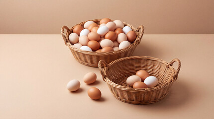 Fototapeta premium High angle view of fresh organic brown and white chicken eggs gathered in two traditional woven wicker baskets on a clean neutral beige surface, concept of farming, poultry, and healthy cooking.
