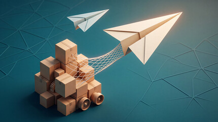 Fototapeta premium Creative Concept of Fast Global Shipping and Logistics Solutions Featuring a Paper Airplane Flying From Cardboard Boxes on a Blue Background, Symbolizing Efficient E-commerce Delivery Service