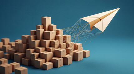 Fototapeta premium Conceptual Image of a Paper Plane Connected by Gold Threads to a Pile of Cardboard Boxes Symbolizing Fast Logistics, E-commerce Shipping, Global Delivery Solutions, and Supply Chain Innovation.