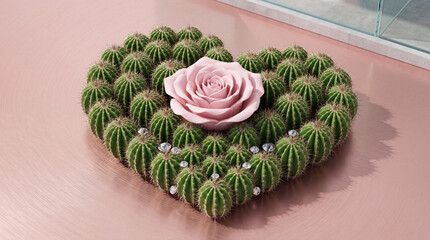 Fototapeta premium Conceptual Romantic Art of a Delicate Pink Rose Blooming in the Center of a Heart Shaped Arrangement of Thorny Green Cacti Decorated with Diamonds on a Rose Gold Metallic Surface, Symbolizing Love