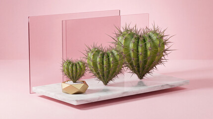 Fototapeta premium Minimalist Conceptual Composition Featuring Three Heart-Shaped Cacti of Different Sizes Arranged on a White Marble Slab with Geometric Gold Pot Against a Pastel Pink Background and Acrylic Panels