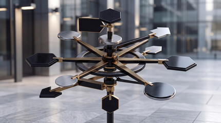 Fototapeta premium Modern Metallic Multi-Directional Signpost Sculpture in Front of a Corporate Office Building, Concept for Business Strategy, Decision Making, and Finding the Right Direction in a Global Market.