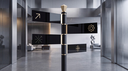 Fototapeta premium Modern Directional Signpost with Business Strategy Icons in a Luxurious Office Lobby, Representing Corporate Navigation, Growth, Technical Operations, and Strategic Decision Making Concept