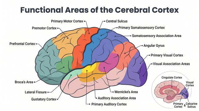 Functional areas of the cerebral cortex anatomy chart with motor, sensory and language areas