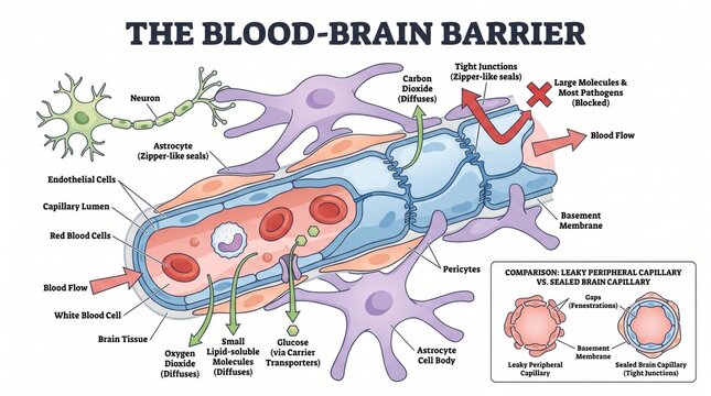 Blood-brain barrier anatomy chart with tight junctions and astrocytes