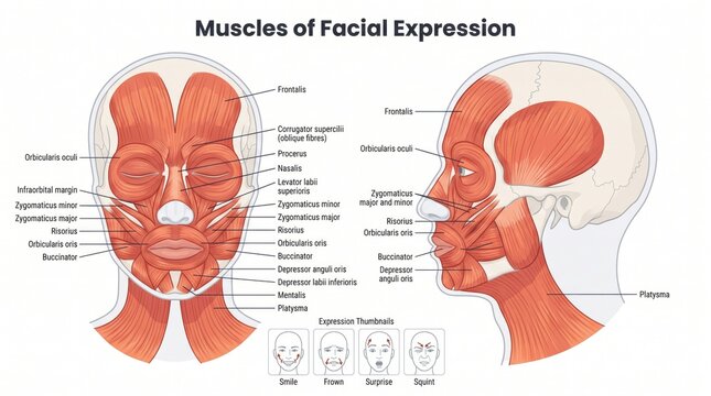 Muscles of facial expression anatomy chart with anterior and lateral views