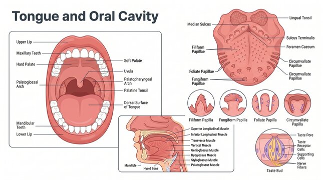 Tongue and oral cavity anatomy chart with papillae and taste bud detail