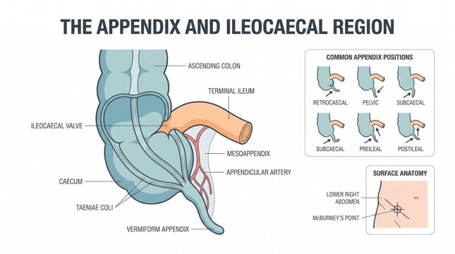 Appendix and ileocaecal region anatomy chart with appendix positions