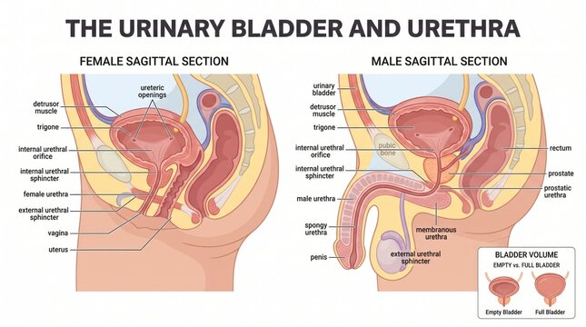 Urinary bladder and urethra anatomy chart comparing male and female