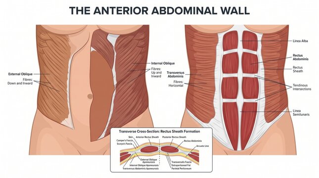 Anterior abdominal wall muscles anatomy chart with rectus sheath