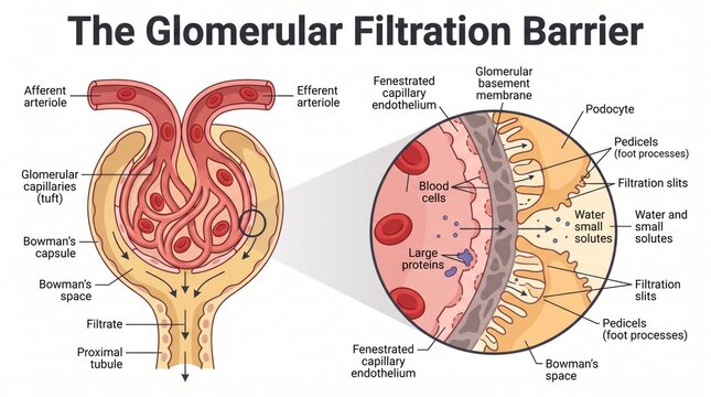 Glomerulus and filtration barrier anatomy chart with podocytes