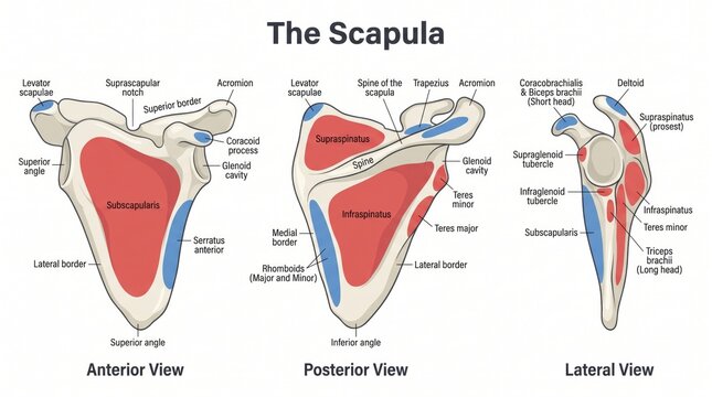 Scapula bone anatomy chart with landmarks and muscle attachments