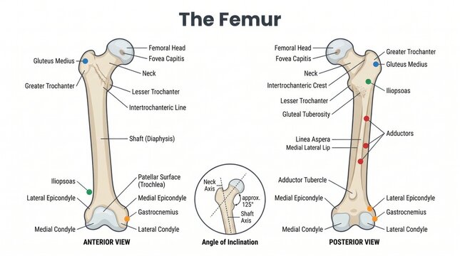 Femur bone anatomy chart with trochanters, neck and condyles