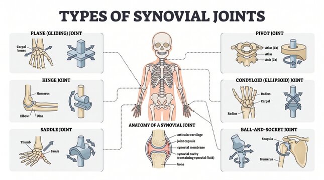 Types of synovial joints anatomy chart with hinge, pivot and ball and socket joints