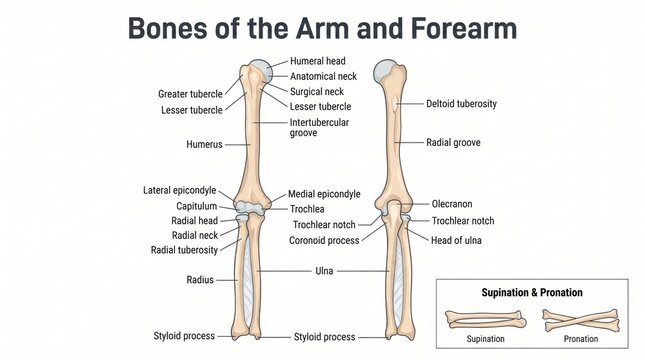 Humerus, radius and ulna bone anatomy chart of the arm