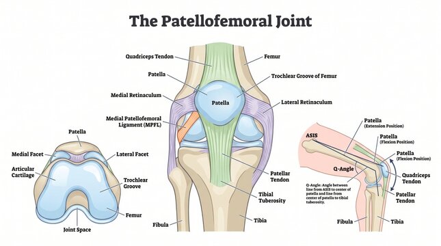 Patellofemoral joint anatomy chart with kneecap and trochlear groove