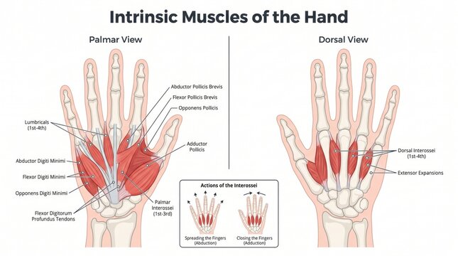 Intrinsic hand muscles anatomy chart with thenar, hypothenar and interossei