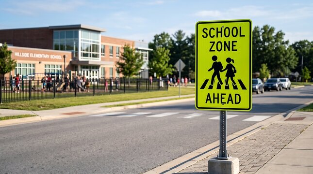 A bright yellow school zone ahead sign stands prominently on a sidewalk next to a crosswalk, with a modern elementary school building in the background.