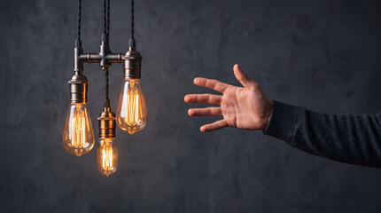 Fototapeta premium Male hand reaching towards glowing vintage Edison light bulbs against a dark textured wall background, symbolizing creativity, bright ideas, inspiration, innovation, and conceptual imagination.