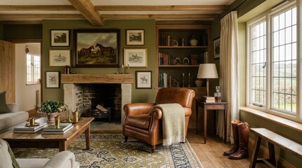 Obraz premium Cozy Countryside Living Room: A warm and inviting living space featuring a rustic fireplace, comfortable armchair, and large windows overlooking a serene landscape, perfect for relaxation.