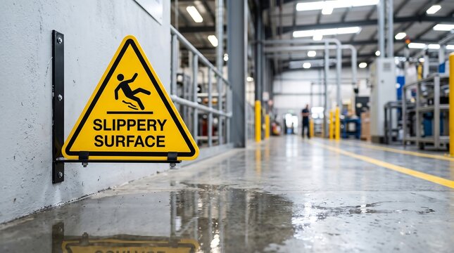 A bright yellow triangular warning sign for a slippery surface is mounted on a wall next to a puddle of water on the floor of an industrial facility.