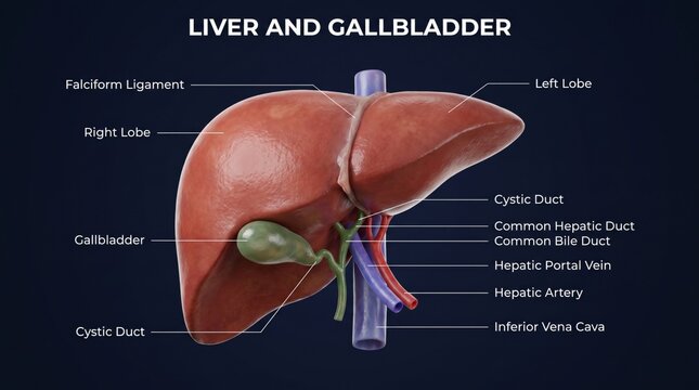 Liver and gallbladder 3D anatomical render with bile ducts